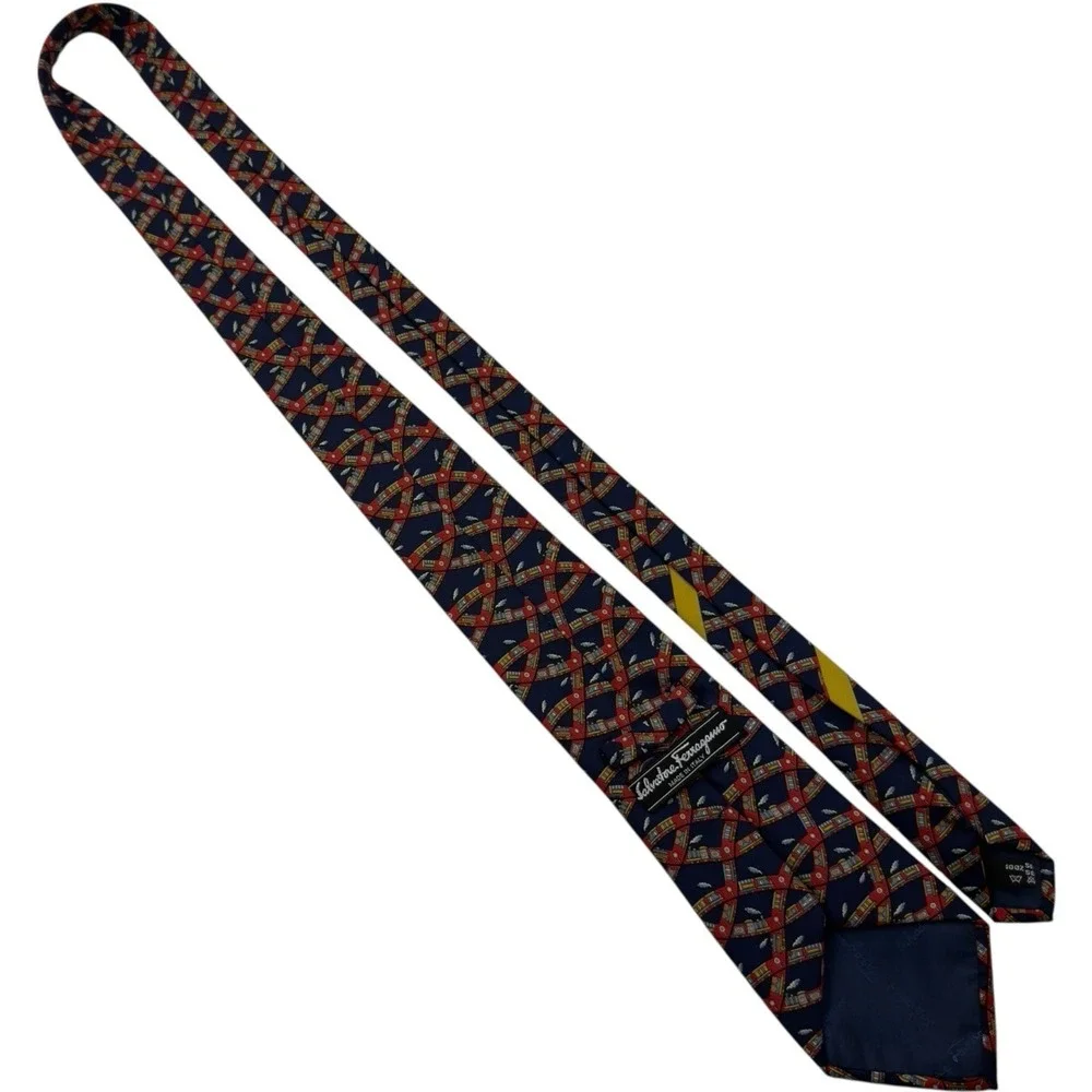 Salvatore Ferragamo Blue Red‎ Train Print Pure Silk Necktie Made in Italy 57x3.5